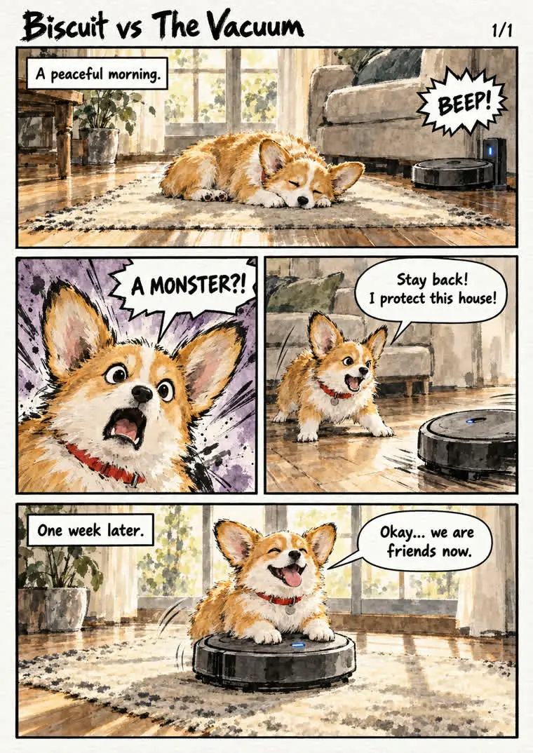 The corgi comic page drawn in the ink wash style, with brush strokes and ink splatters
