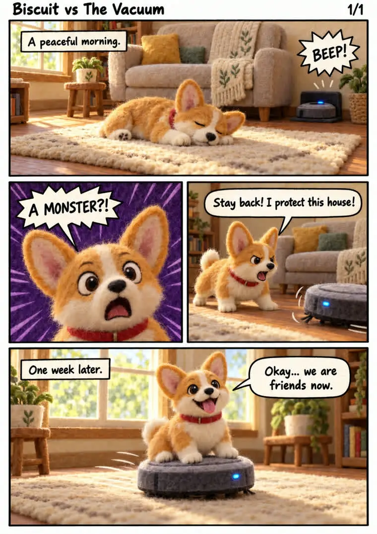 The corgi comic page drawn in the felt style, like a needle felted wool toy