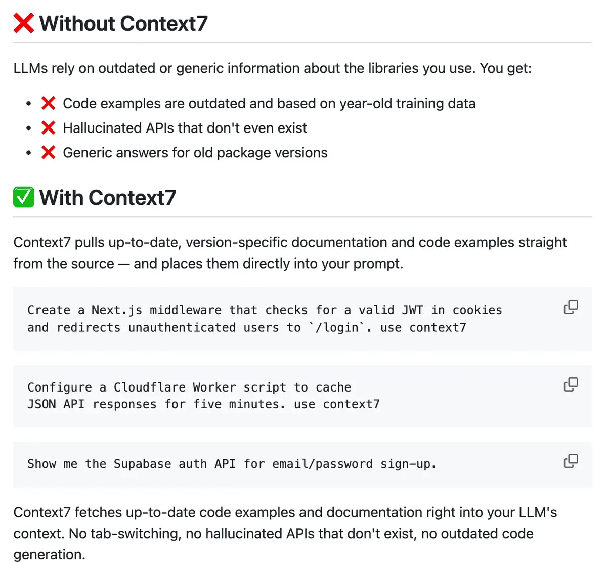 Context7 README comparing coding with and without current library docs