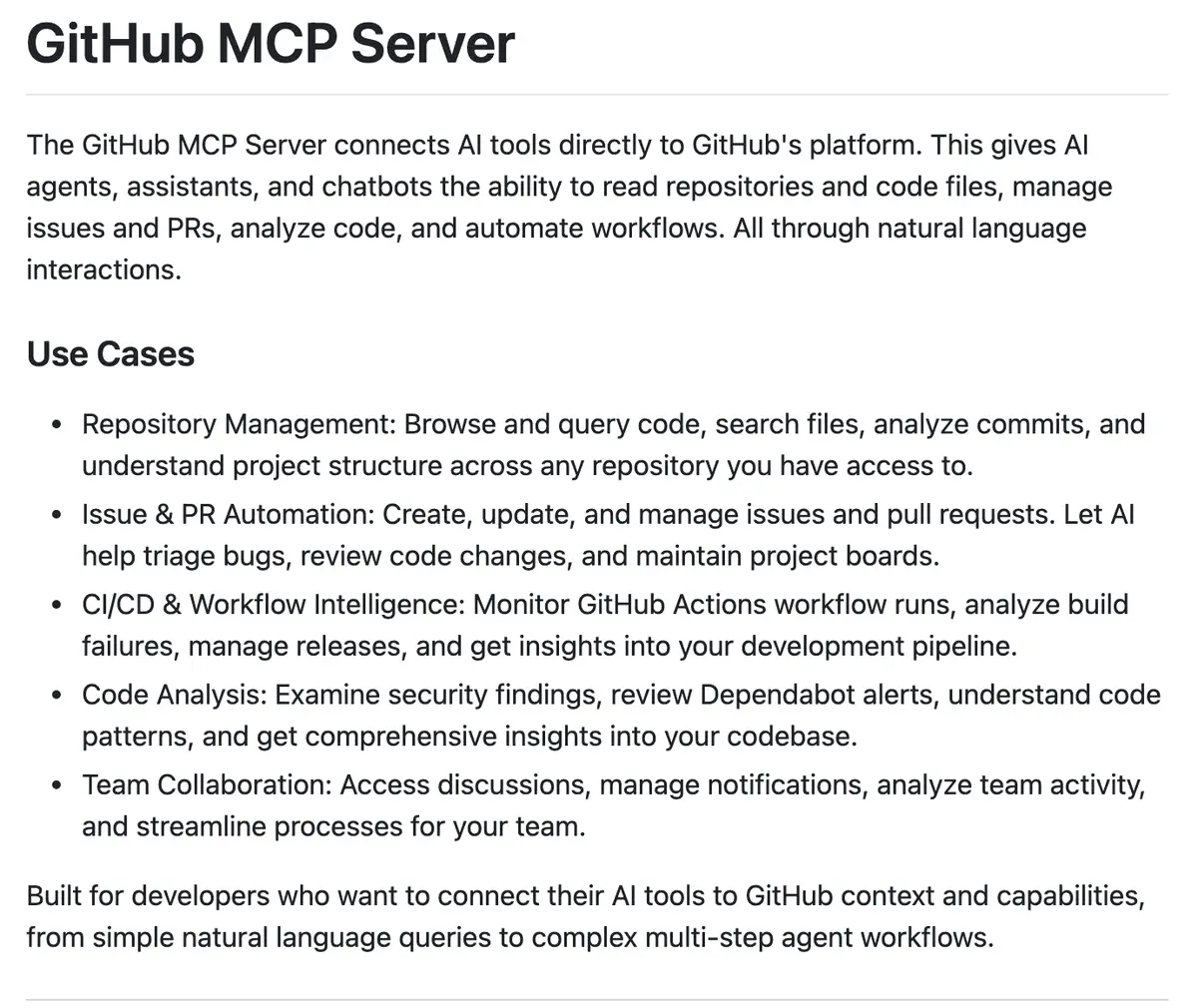 GitHub MCP Server README listing use cases such as issue and pull request automation