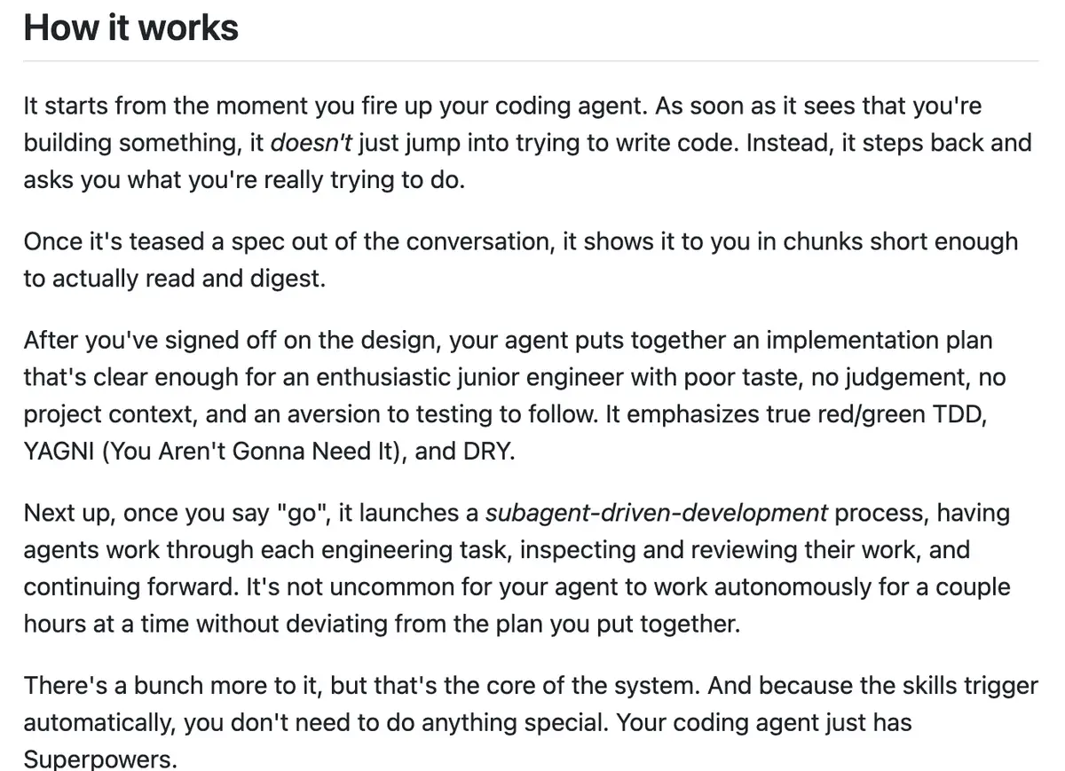 Superpowers README explaining how it plans, tests and then builds