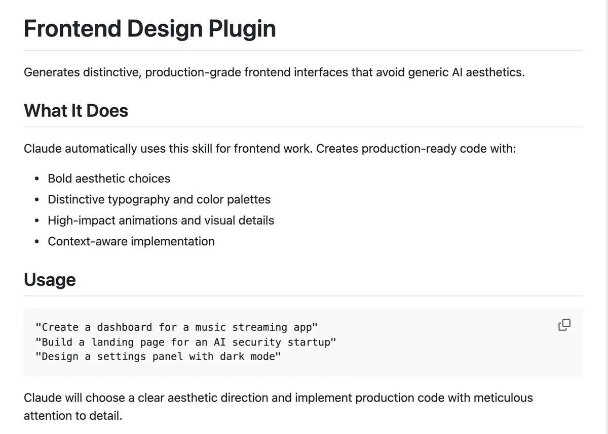 Frontend Design plugin README describing typography, color and layout choices