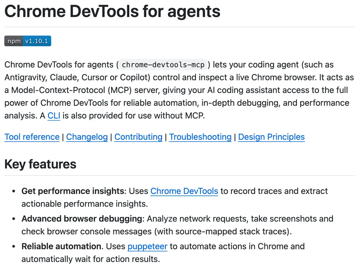Chrome DevTools MCP README listing console and network request features